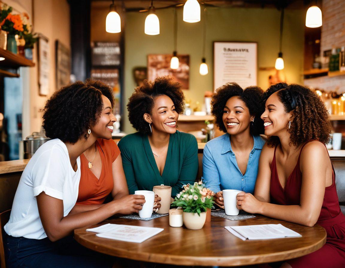 A powerful depiction of diverse women sharing their stories in a cozy café setting, exuding confidence and empowerment. Each woman showcases her unique style, with elements symbolizing personal growth, such as blooming flowers and uplifting quotes in the background. The atmosphere is warm and inviting, radiating positivity and camaraderie. super-realistic. vibrant colors. soft lighting.