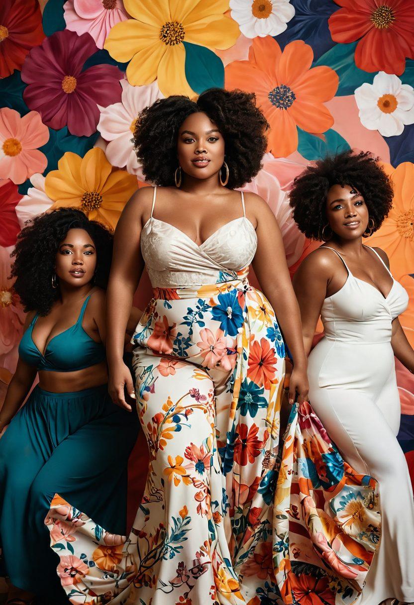A powerful and expressive composition featuring diverse women of different body types joyfully celebrating their curves and femininity. Highlight a beautiful array of skin tones and textures, adorned in colorful, flowing fabrics that symbolize freedom and individuality. Include elements like flowers, soft lighting, and abstract shapes that enhance a sense of body positivity and personal expression. The scene should radiate warmth, confidence, and grace. vibrant colors. super-realistic.